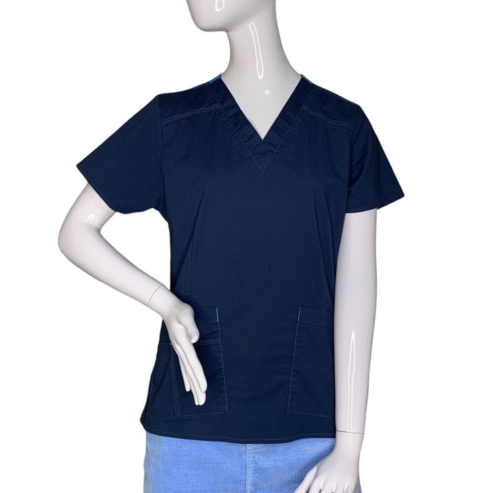 Wonder Flex Scrub Top Navy Blue Front Patch Pockets Size M